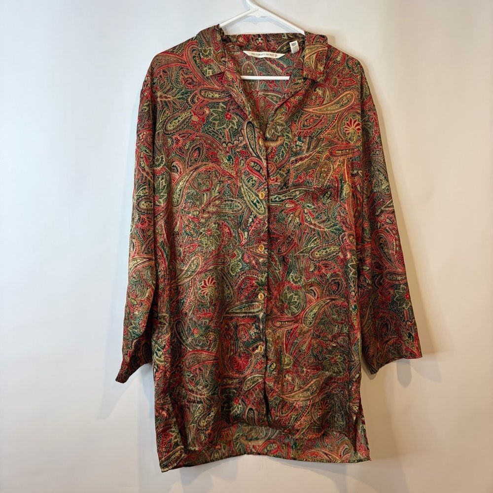 Victoria's Secret Satin Paisley Sleep Shirt in Red, Green & Gold Medium Vintage